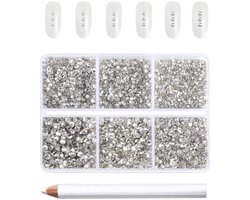 Famanu – 7200 stuks platte strass steentjes, heldere ronde kristallen steentjes voor knutselen, gemengd in 6 maten met wax potlood kit