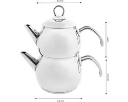 Famanu - Adelya Mini Theepot Set Metalen Theepot 0,65 L + Theepot Deksel Drinker 1,1 L Turkse Theemaker Roestvrij Staal Inductie Vaatwasmachinebestendig Theepot Caydanlik