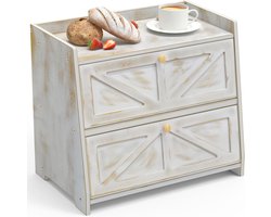 Famanu - Bamboe broodtrommel 2 planken broodtrommel voor keuken grote broodtrommel geschikt voor levensmiddelen broodopslag bamboe 40 x 25 x 35 cm ouderwets wit | Luxe opberger, modern design voor keuken en dagelijks gebruik