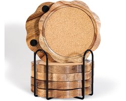 Famanu – Bloemenvormige houten onderzetters met houder, set van 6 onderzetters van acaciahout, kurk voor glazen, rustieke landhuisstijl, bloemenonderzetters voor salontafel, keuken
