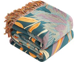 Famanu – Boho deken - 100% katoen - grote dubbelzijdige mousseline - sprei - 230 x 250 cm - behaaglijke bankdeken en sprei - esthetisch design - ideaal voor woonkamer en slaapkamer - oranje/groen