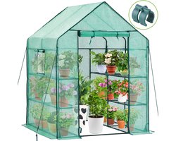 Famanu - Broeikas van kunststof, tent met 3 niveaus, met 12 planken, broeikas voor groenten, planten, bloemen, versterkt zeil van PE, robuust en eenvoudig te monteren, 143 x 143 x 195 cm