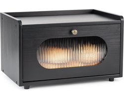 Famanu - Broodtrommel houten broodtrommel aanrecht broodopberger grenen houten broodopbergdoos keuken broodcontainer broodopberger met magnetische acryldeur broodtrommelbak (zwart m) | Luxe opberger, modern design voor keuken en dagelijks gebruik