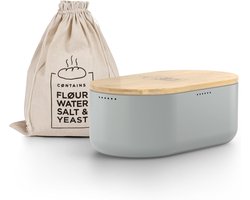 Famanu - Broodtrommel metalen broodopbergdoos met linnen broodzak voor langdurige versheid i broodtrommel met bamboe deksel te gebruiken snijplank i 36x19x13cm (ash gray) | Luxe opberger, modern design voor keuken en dagelijks gebruik
