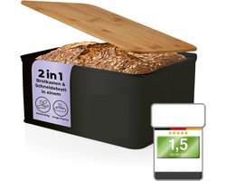 Famanu - Broodtrommel van metaal met bamboedeksel rechthoekig 30 5 x 23 5 x 14 cm zwart | Luxe opberger, modern design voor keuken en dagelijks gebruik