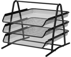 Famanu – Bureau organizer met 3 niveaus – Documenten- en ladekast voor A4 papier – Metalen mesh computer- en kantoororganizer – Zwart