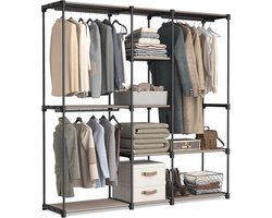 Famanu - Draagbare open kledingkast met kledingstangen en stoffen planken 182x43x182 cm taupe