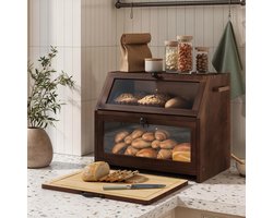 Famanu - Eco broodtrommel broodmand met snijplank opbergdoos keuken broodopslag broodcontainer gevisualiseerd voor brood roosterbrood 39 x 26 x 32 5 cm (l x b x h) bruin | Luxe opberger, modern design voor keuken en dagelijks gebruik
