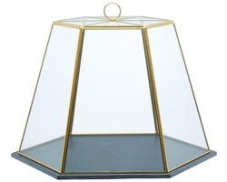 Famanu – Geometrische glazen stolp met leisteen onderzetter 31 x 27,5 x 25 cm – kaasstolp en taartstolp (messing look)