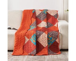Famanu – Gewatteerde sprei in enkele maat, veelkleurige print in rood, oranje en blauw, patchwork dekbed 150 x 200 cm, lichtgewicht microvezel