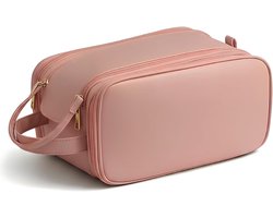 Famanu - Grote make-uptas met borstelvak voor vrouwen, waterdichte make-uptas, draagbare toilettas met handvat, lederen waszak voor reizen, zakenreizen, camping, 3 kleuren, roze, U-vormige opening met dubbele