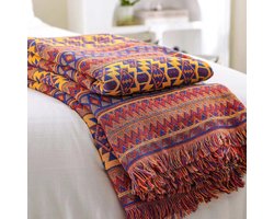 Famanu – Grote plaid in bohemian - stijl met kwastjes - 100% handgeweven katoen - gebreid - fauteuilsprei voor stoelen - banken - sofas en bed (180 x 230 cm)