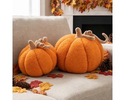 Famanu – Herfst Pompoen Kussens set van 2, Herfst Decoratie Pompoen Sierkussen Zachte Schattig 3D-vormig Kussen voor Bank Thanksgiving Halloween Decoratie (Oranje, 32x22cm en 23x18cm)