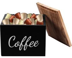 Famanu – Houten koffiecapsulehouder met grote inhoud en verzegeld deksel, praktische opslagoplossing voor koffiecapsules, zwart, houdt koffiepads droog en schoon, ideaal voor keukenorganisatie