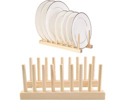 Famanu - Houten Schotelrek Set 2 stuks, plaat rek en potdeksel houder, schotel droogrek voor borden, bekers en snijplanken, aanrecht organizer