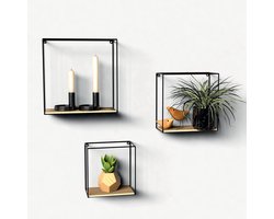 Famanu - Industrieel wandrek set van 3, hout en zwart metaal, zwevende wandkasten voor woonkamer of keuken