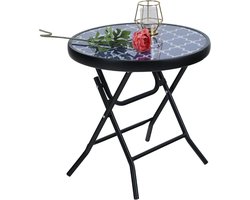 Famanu – Inklapbare ronde bijzettafel van metaal met glas - tuintafel - koffietafel - klein - balkontafel - weerbestendig - onderhoudsvriendelijk
