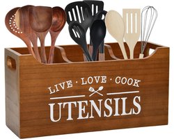 Famanu - Keukengereedschap Houder Hout Groot, 3 compartimenten gebruiksvoorwerp organizer voor aanrecht, boerderij kookgerei opslag, bruin