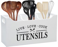 Famanu - Keukengereedschap Houder Massief Hout Groot, 3 compartimenten organizer voor aanrecht, boerderij kookgerei opslag, wit