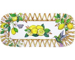 Famanu – Klein rechthoekig dienblad van melamine met gele citroenen, ideaal voor taarten en lange presentaties (37,5 cm