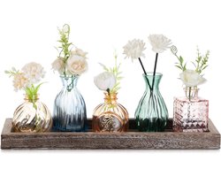 Famanu – Kleine Glazen Vaas Voor Thuis: 5 Kleurrijke Bud Vases Met Houten Dienblad Voor In De Woonkamer Kantoor Eettafel Tafelstuk - Classy Bloemenvazen Set Voor Verjaardag Verjaardagscadeaus