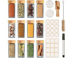 Famanu - Kruidenpotjes met Bamboe Deksel - Set van 12 - Met Strooi-inzetstuk - 120ml - Inclusief Labels, Borstel & Houten Lepel