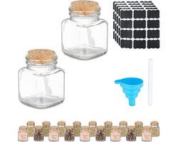 Famanu - kruidenpotjes, set van 20, kurken deksel, glazen potjes, 100 ml, incl. etiketten, trechter, transparant/natuur