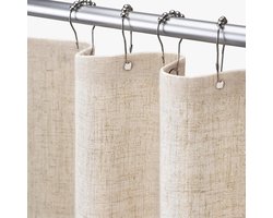 Famanu – Linnen douchegordijn boho 182 x 183 cm – crème/beige stofgordijn voor badkamer