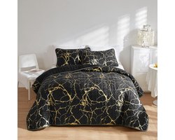 Famanu - Luxe sprei 240x260 cm zwart goud, gewatteerd marmerdesign, lichtgewicht microfiber