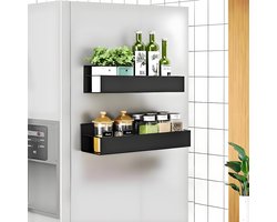 Famanu – Magnetisch kruidenrek voor koelkast set van 2 stuks met 4 haken, metalen magneet plank voor keukenopslag en organisatie, zwart, ideaal voor het organiseren van specerijen en keukengerei