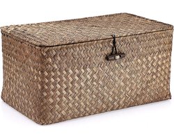 Famanu – Mandje - zeegras - opbergen - vierkant - voor op tafel - geweven - met deksel - voor de badkamer - organizer - voor op de plank of het bureau - decoratief - multifunctioneel (koffie - M)