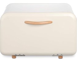 Famanu – Metalen broodtrommel opening aan de voorkant retro design opbergbox voor in de keuken broodbox met houten handvat en pootjes crème | Luxe opberger, modern design voor keuken en dagelijks gebruik