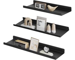 Famanu - Metalen wandplanken set van 3, industriële stijl, zwart, zwevende decorplanken met schroeven inbegrepen