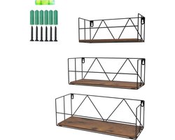 Famanu - Moderne wandrek set van 3, rustiek hout en metaal, zwevende planken voor badkamer of woonkamer