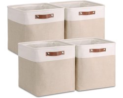 Famanu – Opbergbox Stof 30x30x30cm - Set van 4 Kubusvormige Opbergmanden voor Kast - Plank en Kleding - Kaki & Wit