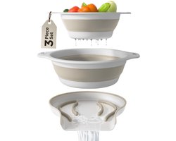 Famanu – Opvouwbare vergieten (set van 2 stuks) voedselzeven met overspoelbak waterafvoerbasis voor pasta, fruit en groenten (4 en 5 kwart) - wit beige