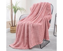 Famanu – Plaid Fleecedeken van flanel - zacht en jacquard - stof - plaid - bankdeken - bedrukt met bladeren - 130 x 170 cm - roze