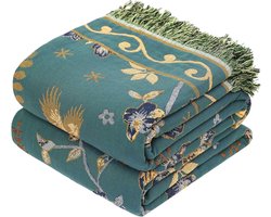 Famanu – Plaid groot 100% biologisch katoen zacht dubbelzijdig warm zomerdeken voor eenpersoons 2 3 zits fauteuil en bank 150 x 200 cm blauwgroen lichtgroen