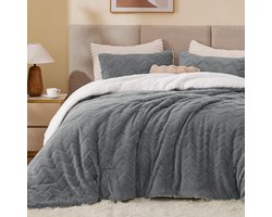 Famanu – Pluizige kingsize dekbedset sherpa fleece winter grijs