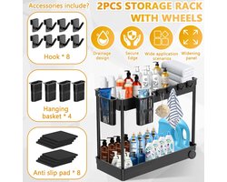 Famanu - Rek voor onder de wastafel, 2 etages, spoelkastorganizer, keukenorganizer met 8 haken, 4 hangbekers, keukenkast, organizer, onderkast, organizer voor badkamer, keuken, tafelblad