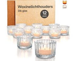 Famanu - Set van 12 glazen theelichthouders, transparant, stevig voor tafel- en bruiloftsdecoratie