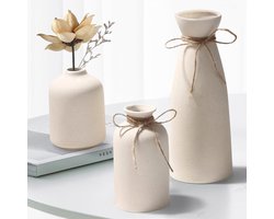 Famanu – Set van 3 beige keramische vazen - modern rustiek - boerderijstijl - woonkamer - tafeldecoratie - pampasgras