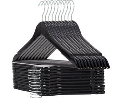 Famanu - Set van 30 houten kledinghangers met inkepingen en broeklat, metalen haak, geschikt voor volwassenen – Zwart