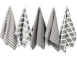 Famanu - Set van 5 grijze geweven theedoeken 45x65 cm, duurzaam katoen