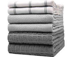 Famanu - Set van 6 grijze katoenen keukenhanddoeken 50x70 cm, badstof en platte stof