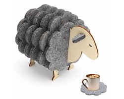 Famanu – Set van 6 stuks wollen schaapvilten onderzetters, puzzelset met houten houder, hittebestendige, absorberende onderzetters voor kopjes, voor salontafel, keuken en kantoor (grijs)