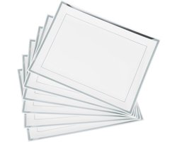 Famanu – Set van 6 witte plastic dienbladen met zilveren rand, 30x23 cm, stevig en herbruikbaar, perfect voor buffetten en feesten