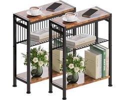 Famanu – Smalle bijzettafel met 3 planken, nachtkastje met tijdschriftenhouder, multifunctioneel voor woonkamer, slaapkamer en keuken, retro kleur
