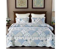 Famanu – Sprei - 220 x 240 cm - blauw - patchworkdeken - bedsprei - sprei met bloemenpatroon - sprei voor tweepersoonsbed - gewatteerde set met 2 kussenslopen - bed - sprei - omkeerbaar design