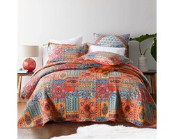 Famanu – Sprei 220 x 240 cm - Gewatteerde Katoenen Deken voor 2 Personen - Boheems Patchwork Met 2 Kussenslopen - Grote Maat Gemengd Kleur Oranje